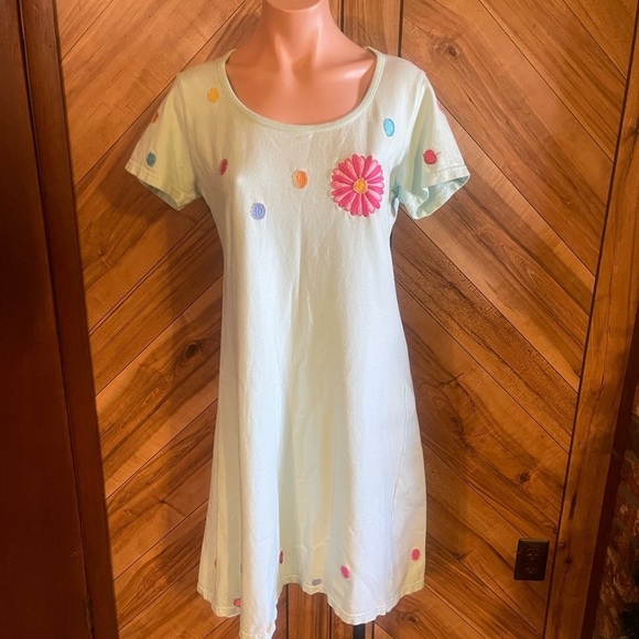Vintage 90s Michael Simon Lite Medium Beaded T-Shirt Dress Turquoise Floral Midi - Picture 3 of 12
